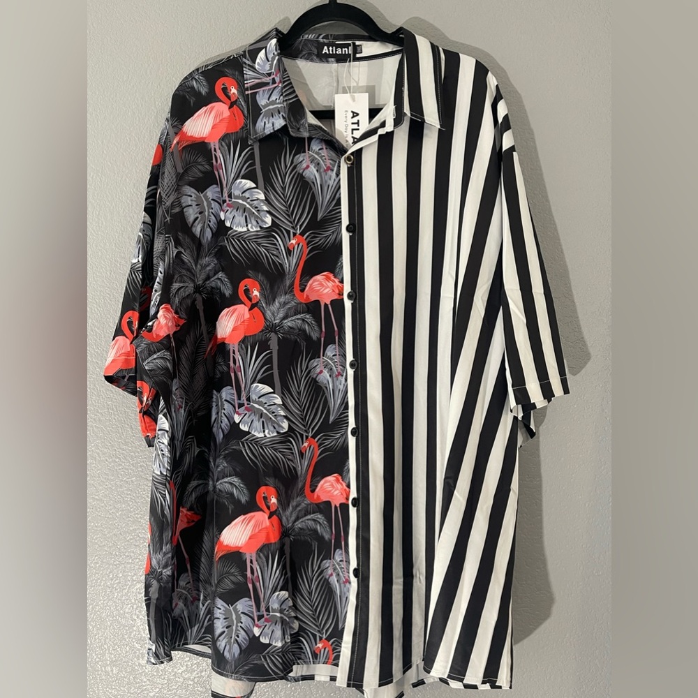 Atlanl- Size 3XL-Black/White half pinstripe half flamingo short sleeve button up